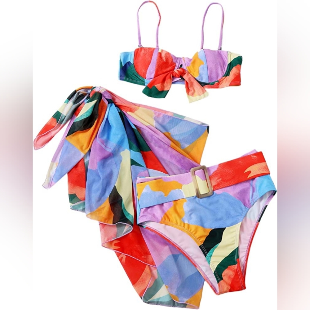 3 Piece Piece Graphic Belted Bikini Set Swimsuit and Cover Up Beach Skirt NWOT